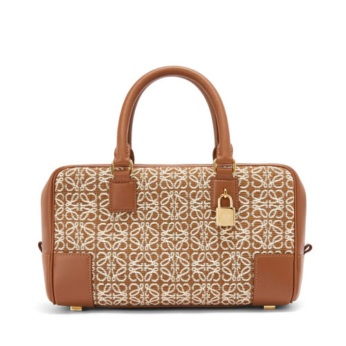  LOEWE/罗意威 22新款Amazona 23系列 女士棕褐色/山核桃色老花提花织物皮革饰边单肩斜挎手提包A039N07X03-2713