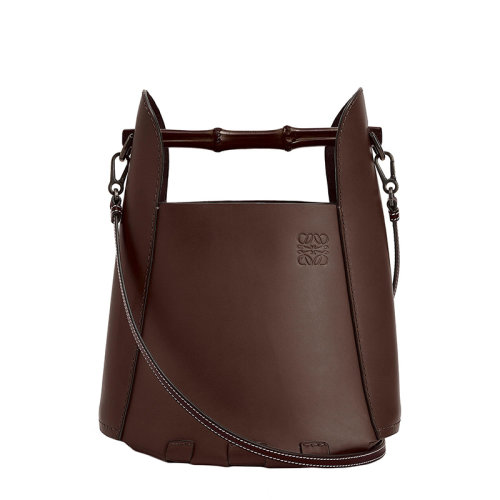 LOEWE/罗意威 22春夏新款 女士栗棕色牛皮革竹制手柄单肩斜挎手提水桶包 0010315265