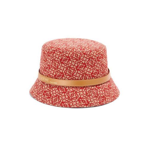 LOEWE/罗意威 22年春夏新款 女士红色/暖沙漠色提花布和牛皮革老花图案水桶帽渔夫帽K820HB1X07-7653