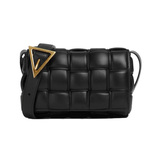 Bottega Veneta/葆蝶家 22新款 女士小号黑色绗缝羔羊皮饰有Intreccio图案金属搭扣翻盖开合单肩斜挎包717506VCQR18425