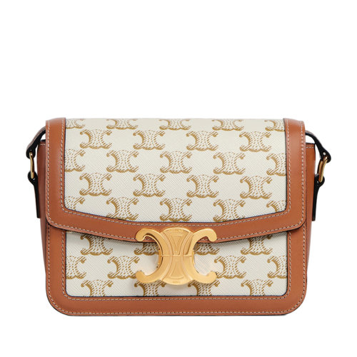 CELINE/赛琳 TRIOMPHE TEEN系列 女士白色凯旋帆布黄褐色小牛皮饰边金扣斜挎单肩包188882BZ4.01BC