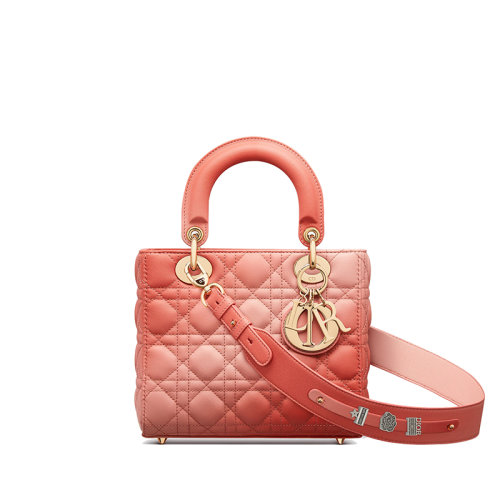 DIOR/迪奥 22新款 LADY DIOR系列MY ABCDIOR 女士珊瑚粉渐变色小羊皮藤格纹配金扣单肩斜挎手提戴妃包（勋章款）M0538OZAQ_M68E