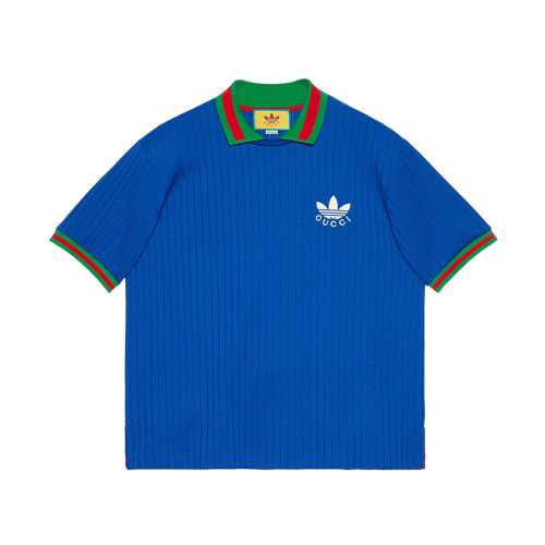 GUCCI/古驰 22年秋冬新款 adidas联名系列 男士钴蓝色涤纶混纺Logo印花短袖Polo衫691777XJEKF4364