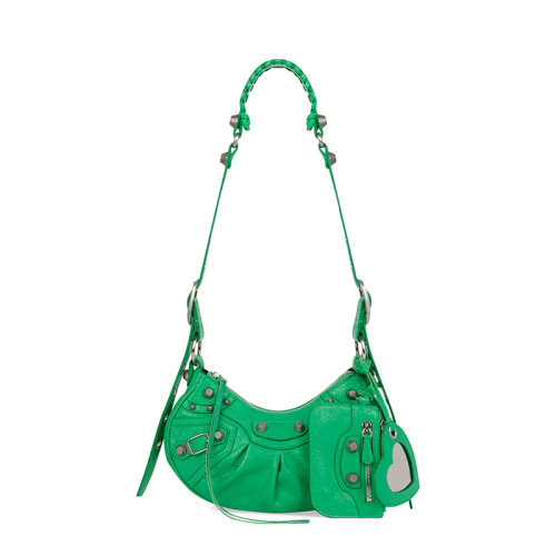 Balenciaga/巴黎世家 20  LE CAGOLE系列 女士XS号绿色小羊皮复古银色饰面单肩斜挎包6713091VG9Y3809