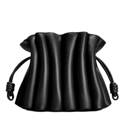 LOEWE/罗意威 Flamenco Ondas系列 女士黑色光滑小牛皮波浪褶单肩斜跨手拿包0010513760