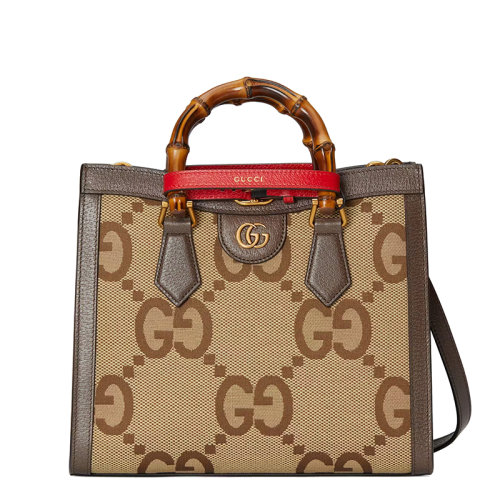 GUCCI/古驰 22春夏新款Diana系列 女士小号驼色乌木色超级老花帆布竹节红带单肩手提托特包660195UKMFT2672