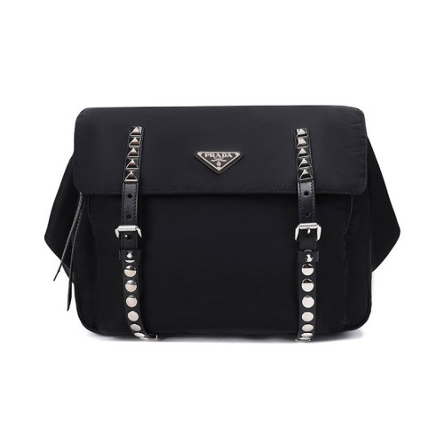 PRADA/普拉达  女包女士黑色尼龙铆钉装饰时尚百搭品牌字母斜挎包单肩包  1BL013-2BYB-F0002