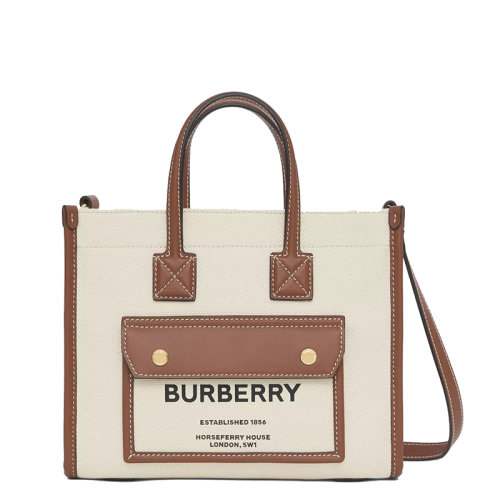 BURBERRY/博柏利 20  Freya系列 女士迷你自然色/棕褐色棉质帆布绗缝小牛皮Horseferry印花单肩斜挎手提包80441431