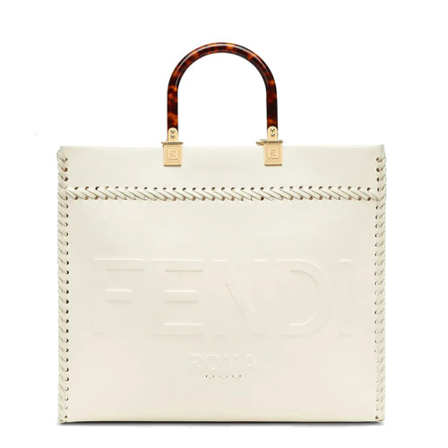 FENDI/芬迪 SUNSHINE系列 女士中号白色小牛皮烫印徽标装饰缝线有机玻璃提手配可拆卸肩带手提单肩斜跨包8BH386AHW4F0K7E