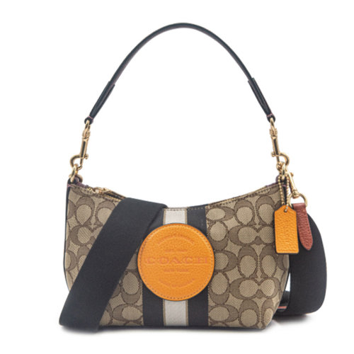 COACH/蔻驰 DEMPSEY系列女士拼色织物配皮经典双C字母徽标提花条纹圆形贴饰拉链开合单肩包斜挎包手提包女包 F5483IMQZV