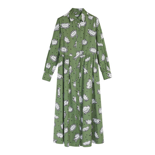 MaxMara/麦丝玛拉 22年早春新款 ANDE系列 女士绿色纯棉LOGO印花长款衬衫裙连衣裙1221102106004