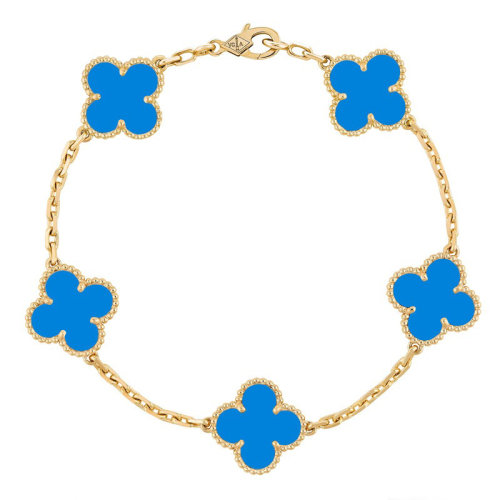 Van Cleef & Arpels/梵克雅宝 经典Vintage Alhambra系列 18k金黄金镶蓝玛瑙5四叶草手链VCARP34900