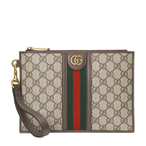 GUCCI/古驰 经典Ophidia系列 男士米色老花帆布棕色皮革滚边拉链开合手拿包67298996IWT8745