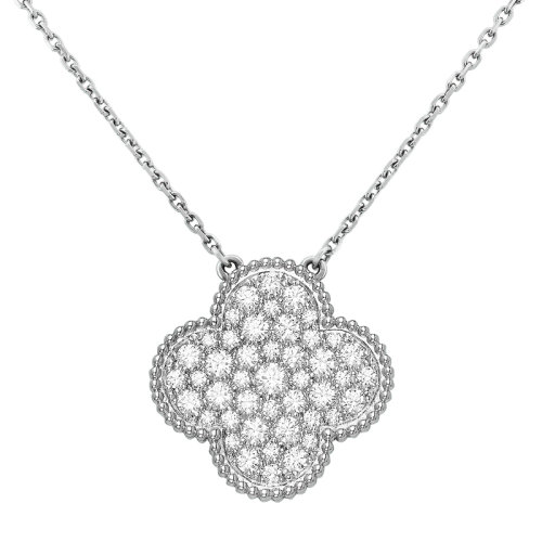 Van Cleef & Arpels/梵克雅宝 经典Magic Alhambra系列18K金白金镶钻四叶草吊坠项链VCARN9MS00