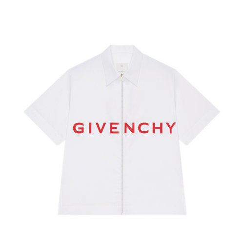 Givenchy/纪梵希 22年秋冬新款 男士白色正面饰有红色粘合LOGO棉绸短袖拉链直筒衬衫BM60UC1YBL-100