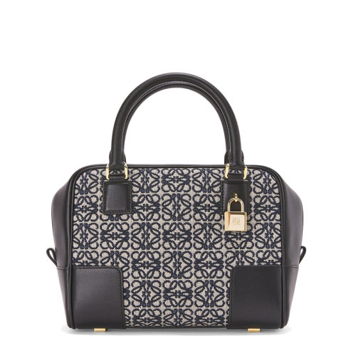 LOEWE/罗意威  Amazona 19系列 女士海军蓝色提花刺绣黑色小牛皮金属挂锁手提单肩包0010623320