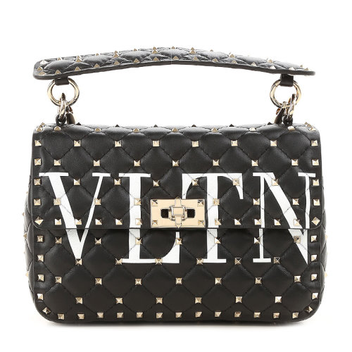 Valentino/华伦天奴 女士黑色皮质经典logo款单肩手提挎包