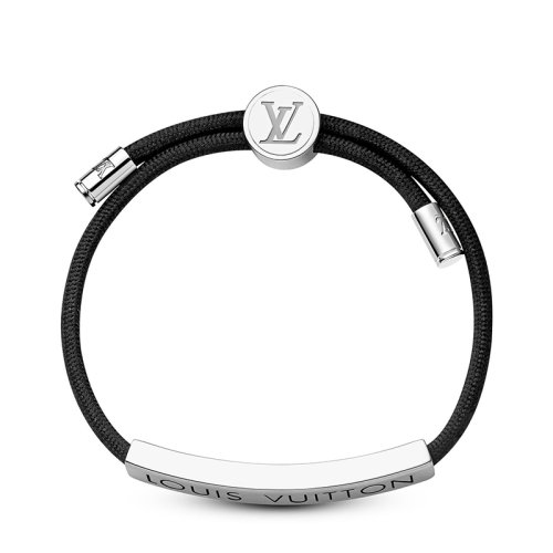 Louis Vuitton/路易威登 经典款LV SPACE系列 男士黑色锦纶饰徽标刻印银色金属太空手镯手链M00273