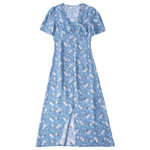 GeleiStory/GeleiStory夏季新款法式复古收腰裙真丝女士连衣裙气质V领显瘦茶歇裙