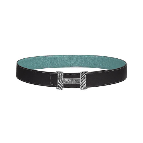 HERMES/爱马仕 H系列 男士石墨/天空蓝荔枝纹皮革纯银扣双面腰带38毫米H080039UT00/H077971CAAL095