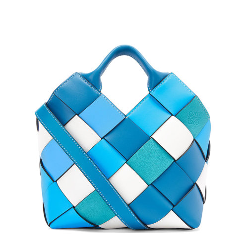 LOEWE/罗意威 22新款Surplus系列 女士女士小号蓝色牛皮革编织棋盘格篮子单肩手提包A521T32X23-4992