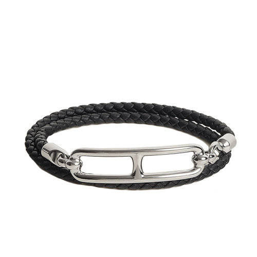 HERMES/爱马仕 22春夏新款Roulis系列 黑色小牛皮银色猪鼻扣编织双圈手链H071727FP89