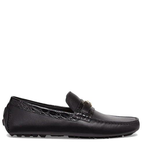 FENDI/芬迪 男士黑色皮革金属FF Baguette搭扣和凯门鳄式便鞋7D1385AE82F0UP9