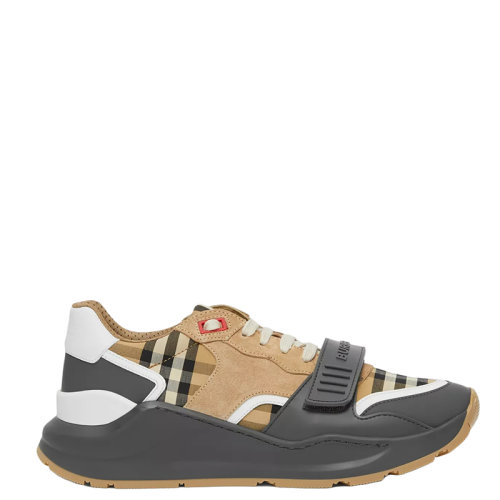 BURBERRY/博柏利 22年早春新款 女士灰色/典藏米色棉质拼麂皮小牛皮Vintage格纹运动鞋80323711