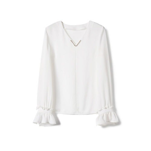 GeleiStory/GeleiStory 春夏新款宽松复古气质显瘦V字领长袖大花瓣荷叶边衬衫  女装＞女士衬衫＞女士长袖衬衫