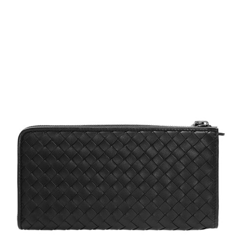 Bottega Veneta/葆蝶家  男士黑色羊皮编织拉链长款钱包手拿包
