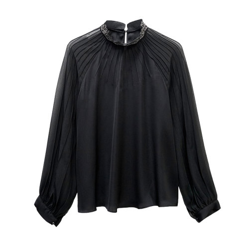 GeleiStory/GeleiStory   春秋新款透明灯笼袖立领桑蚕丝衬衣女装    女装＞女士衬衫＞女士长袖衬衫