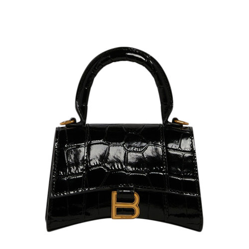 Balenciaga/巴黎世家 21新款HOURGLASS系列 女士迷你黑色闪亮鳄鱼压纹小牛皮链条手提单肩斜挎沙漏包6646761LRGM1000