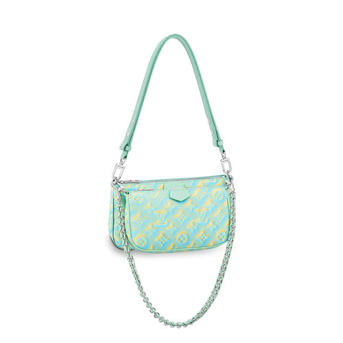 Louis Vuitton/路易威登 22新款MULTI POCHETTE系列 女士水绿色老花压印喷涂效果粒面皮革银扣皮革编织效果银链配可拆卸小袋二合一多功能单肩手提链条包M46180