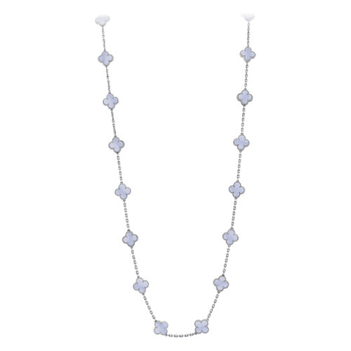 Van Cleef & Arpels/梵克雅宝 经典Vintage Alhambra系列 18k金白金镶玉髓20四叶草长项链VCARD80900