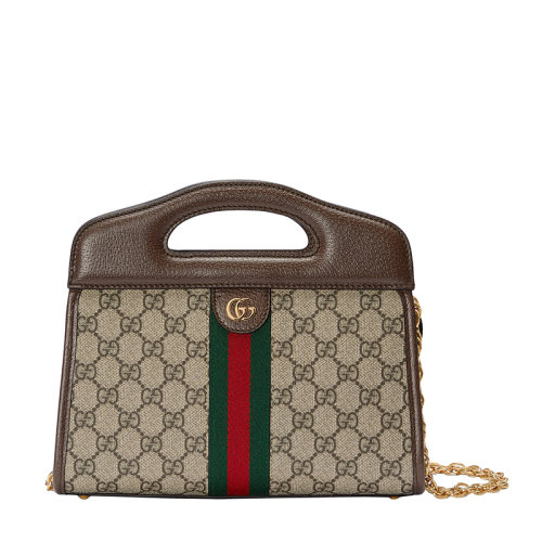 GUCCI/古驰 22春夏新款Ophidia系列 女士小号米色/乌木色老花帆布配棕色皮革红绿织带金扣链式单肩手提包托特包 69372496IWO8745