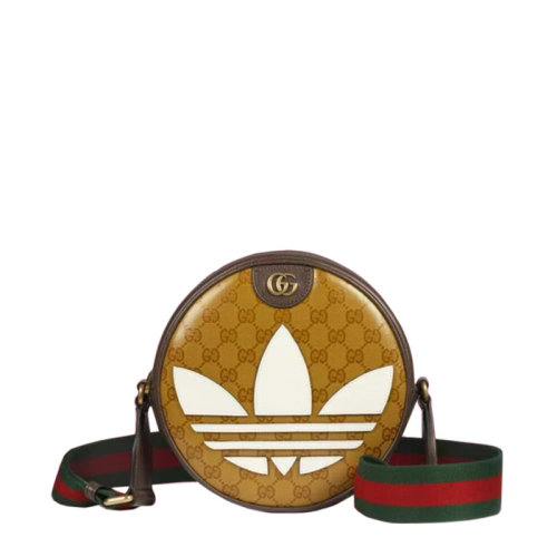 GUCCI/古驰 22新款Ophidia系列Adidas联名主题 女士小号米色/棕色帆布配皮饰白色主题三叶草大号印花金扣配红绿织物肩带单肩斜挎圆形包702640UVSKT7268