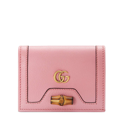 GUCCI/古驰    Diana系列 女士粉色皮革做旧的金色饰面双G竹扣钱包卡包65824417Q0T5815