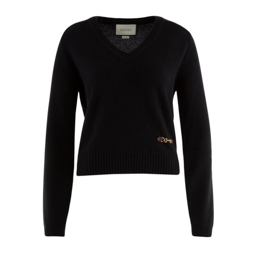 GUCCI/古驰 女士黑色羊绒V领长袖毛衣针织衫女装