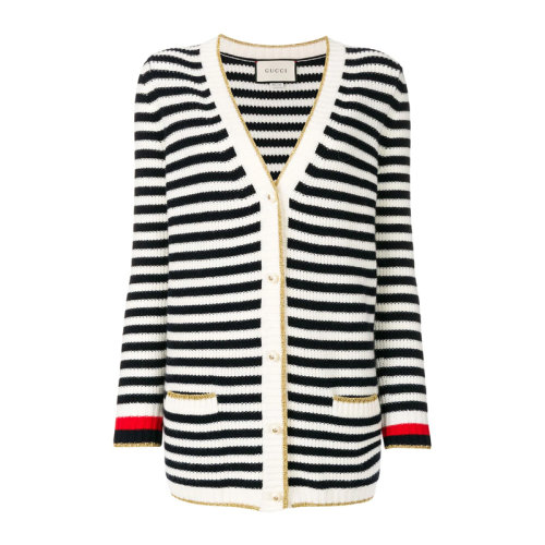 GUCCI/古驰 女装 服饰 黑白条纹棉质V领长袖套头衫 女士针织衫毛衣 478216