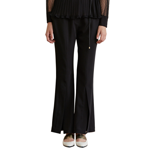 HUI/卉 女士休闲裤19春季纯净黑修身喇叭裤时尚开叉长裤休闲裤