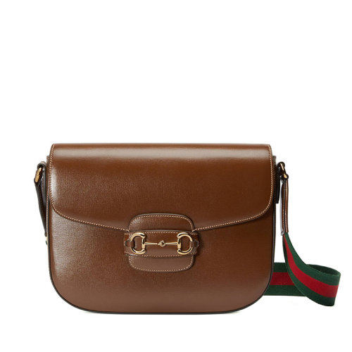 GUCCI/古驰 22新款Horsebit 1955系列 男士棕色皮革马衔扣金扣配红绿肩带翻盖开合单肩包70045718YSG2364