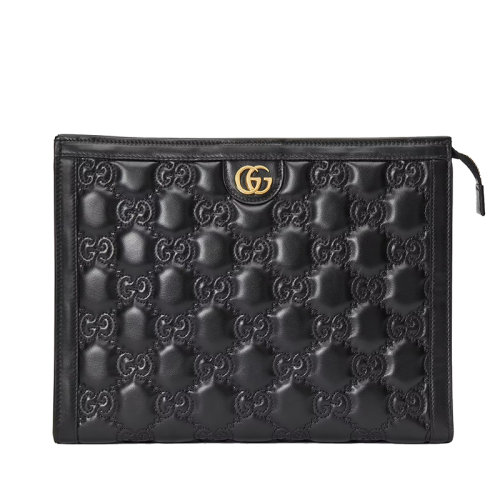 GUCCI/古驰 22新款Matelassé系列 女士黑色老花绗缝皮革金扣拉链开合手拿包腋下夹包723780UM8IG1000