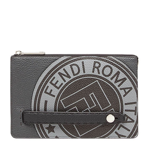 FENDI/芬迪男士牛皮灰色圆形徽标印花图案时尚手拿包