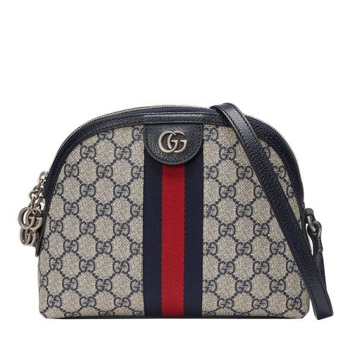 Gucci/古驰 22春夏新款Ophidia系列 女士小号米色/蓝色提花帆布红蓝织带双G老花单肩斜挎贝壳包 499621K05NN4076