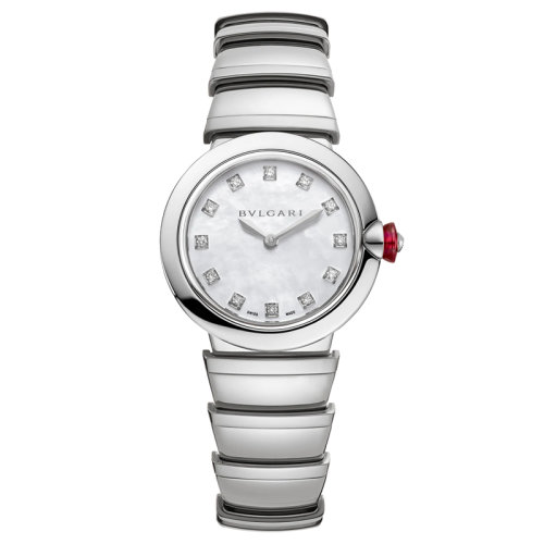 BVLGARI/宝格丽 精钢表壳和表链 白色珍珠母贝表盘和镶有钻石的时标 LVCEA石英手表 28毫米102196
