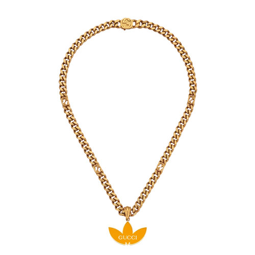 GUCCI/古驰 22新款阿迪达斯联名系列 男女同款黄金色调金属黄色珐琅三叶草徽标吊坠马衔索链项链702895J16318083