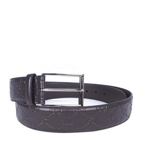 GUCCI/古驰 男士棕色皮革经典双G logo压花方形针扣式腰带皮带