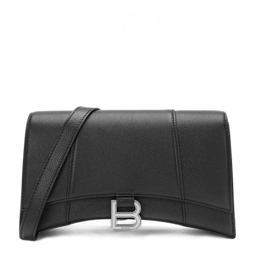 Balenciaga/巴黎世家 Hourglass Sling系列女士黑色小牛皮银色金属LOGO磁扣斜挎包单肩包女包 616446-1IZHY-1000