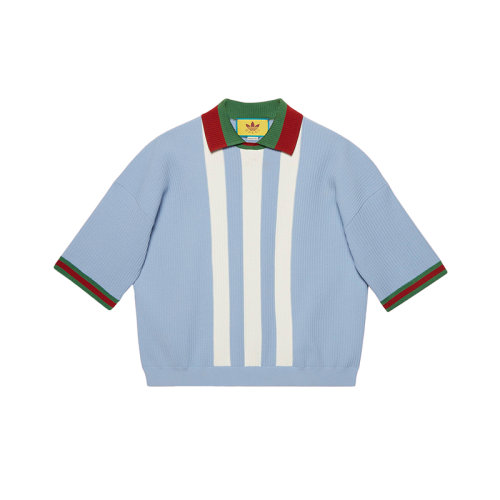 GUCCI/古驰 22年秋冬新款 adidas联名系列 男士浅蓝色粘胶纤维混纺网眼罗纹面料Logo印花短袖Polo衫700482XKCDS4748