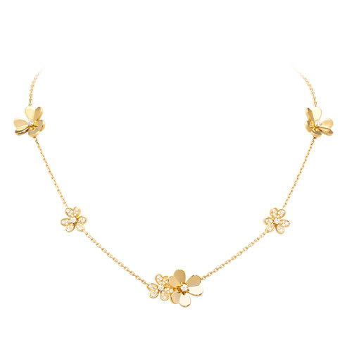Van Cleef & Arpels/梵克雅宝 经典Frivole系列 18k金黄金镶嵌钻石9三瓣花朵项链VCARP3W600